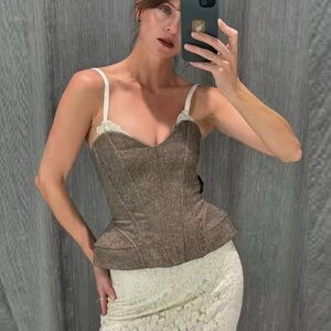 Tailored Brown Corset-Style Tank Top with Lace Trim